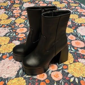 Black faux leather platform booties